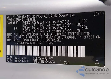 2011 Lexus Rx 350 z USA, uszkodzony, nr VIN 2T2BK1BA8BC081347